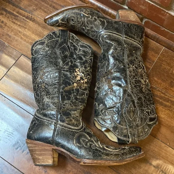 Corral Western Women's Black Vintage Lizard Inlay Boots M. Size 7 - Picture 9 of 16